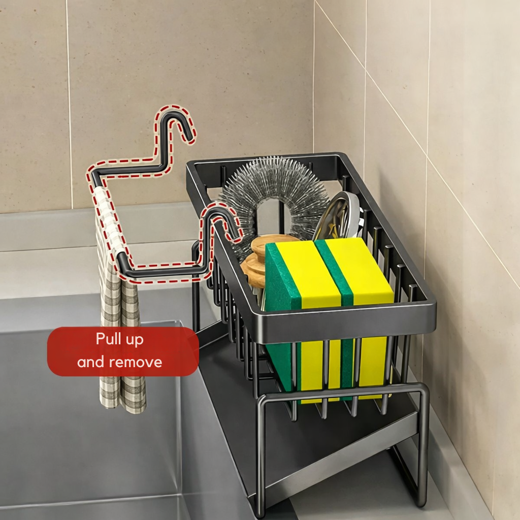 Égouttoir d'évier en inox avec porte-serviette et bac récupérateur