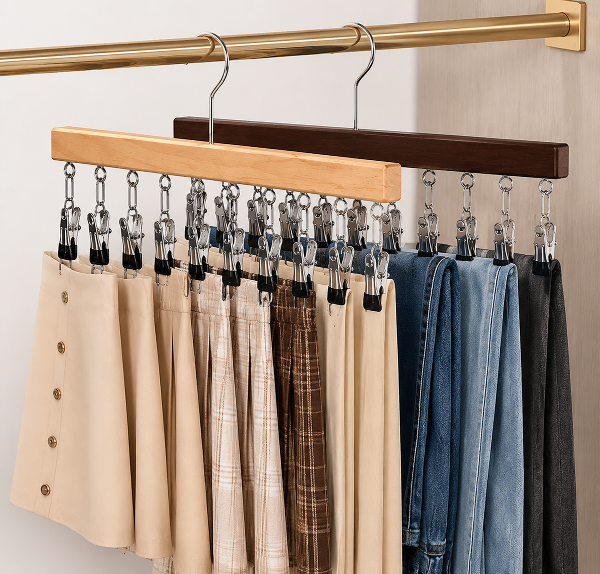 Cintre en bois avec 12 pinces – gain de place pour les chaussettes