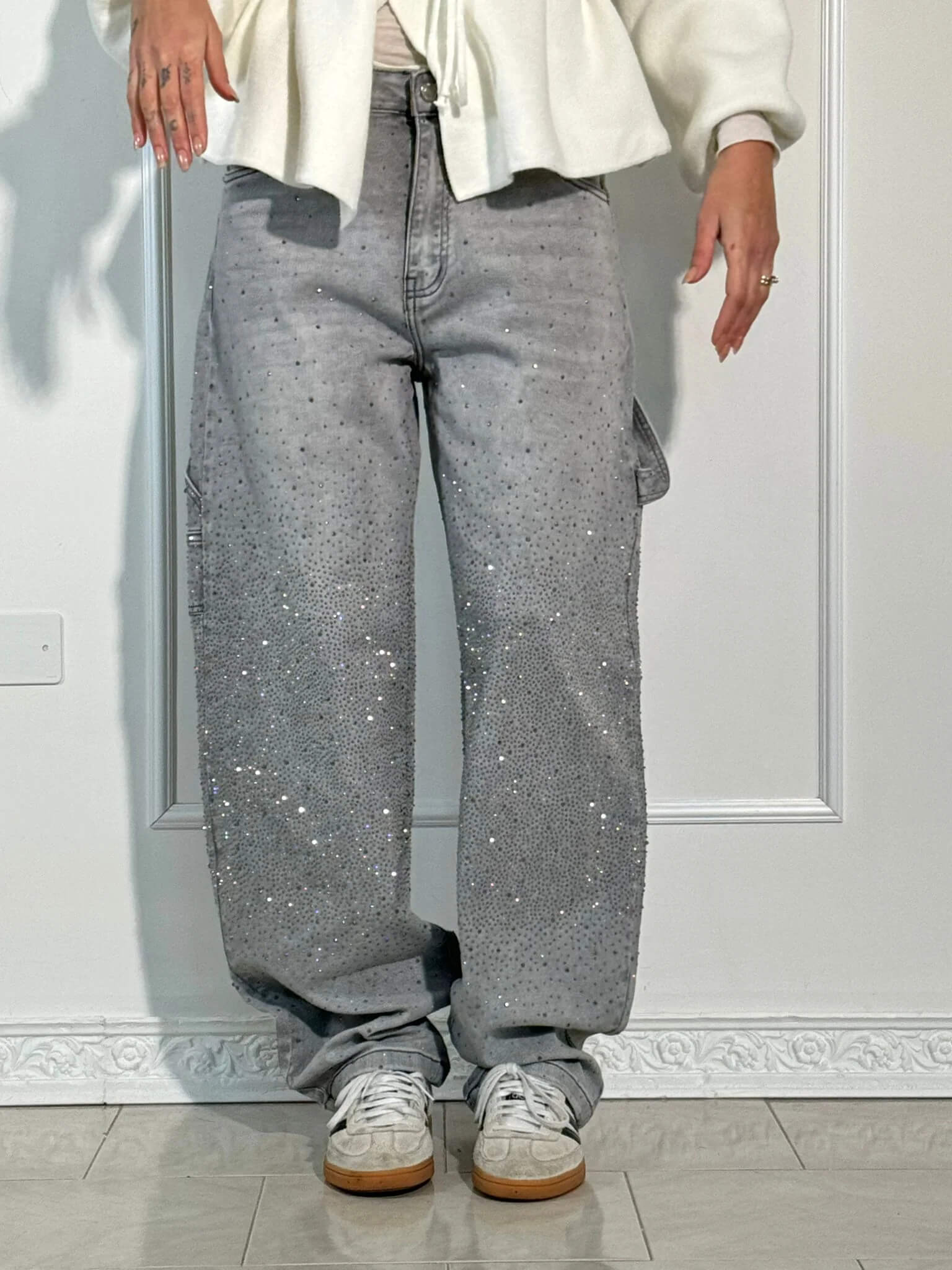 Jean Wide Leg Scintillant en Denim Premium – Coupe Ample Élégante