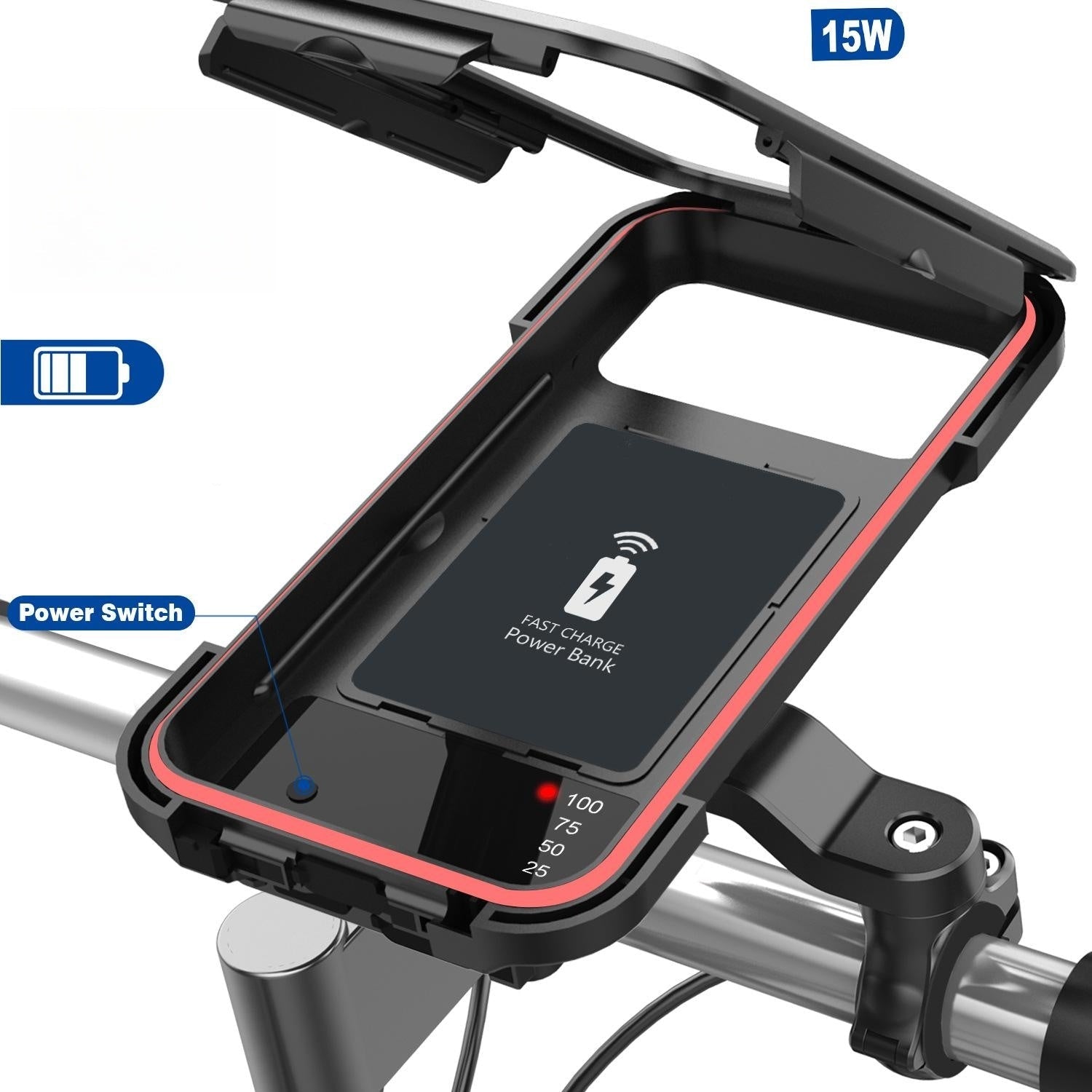 Support Téléphone Vélo Étanche avec Charge Sans Fil 15W et Batterie Intégrée