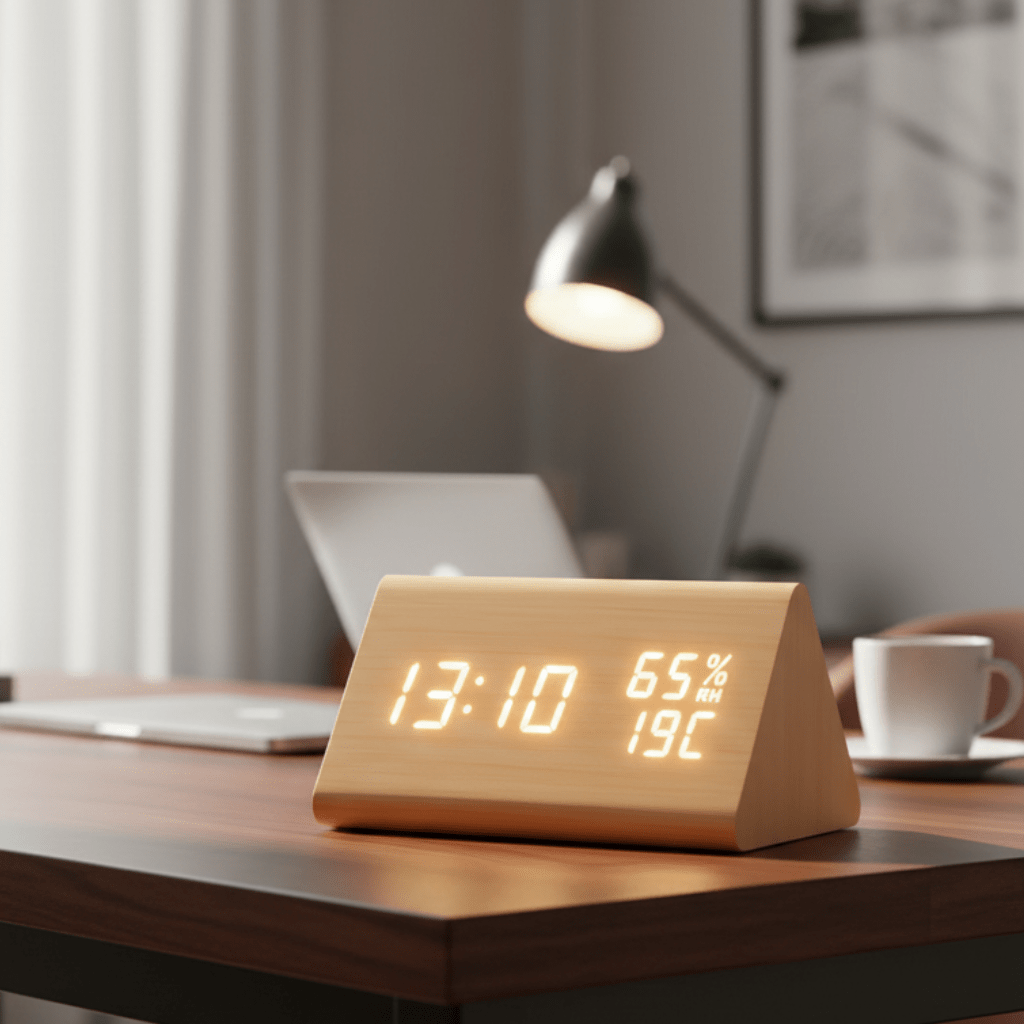 Horloge numérique effet bois avec affichage de la température et écran à intensité réglable