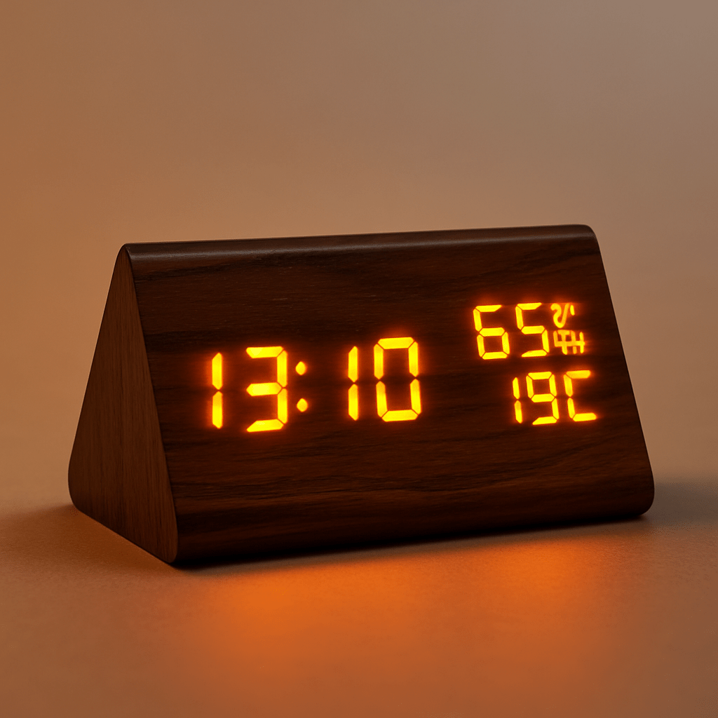 Horloge numérique effet bois avec affichage de la température et écran à intensité réglable