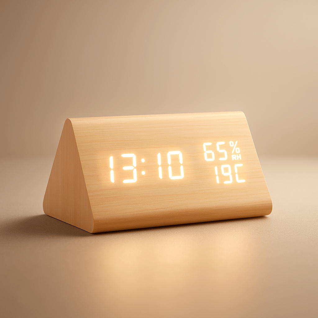 Horloge numérique effet bois avec affichage de la température et écran à intensité réglable