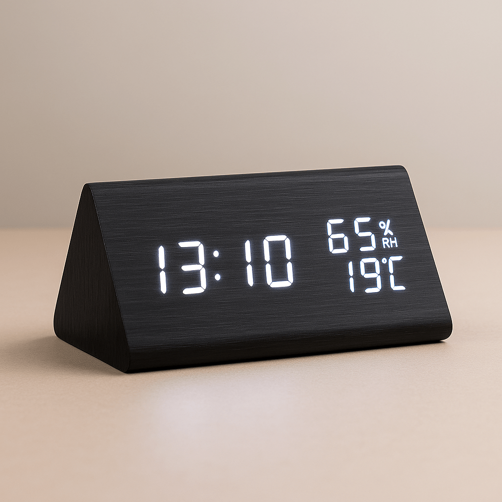 Horloge numérique effet bois avec affichage de la température et écran à intensité réglable