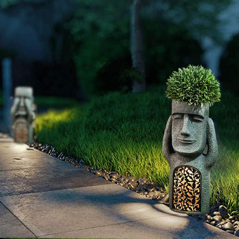 Pot de fleurs Statue de l'île de Pâques avec éclairage LED en résine