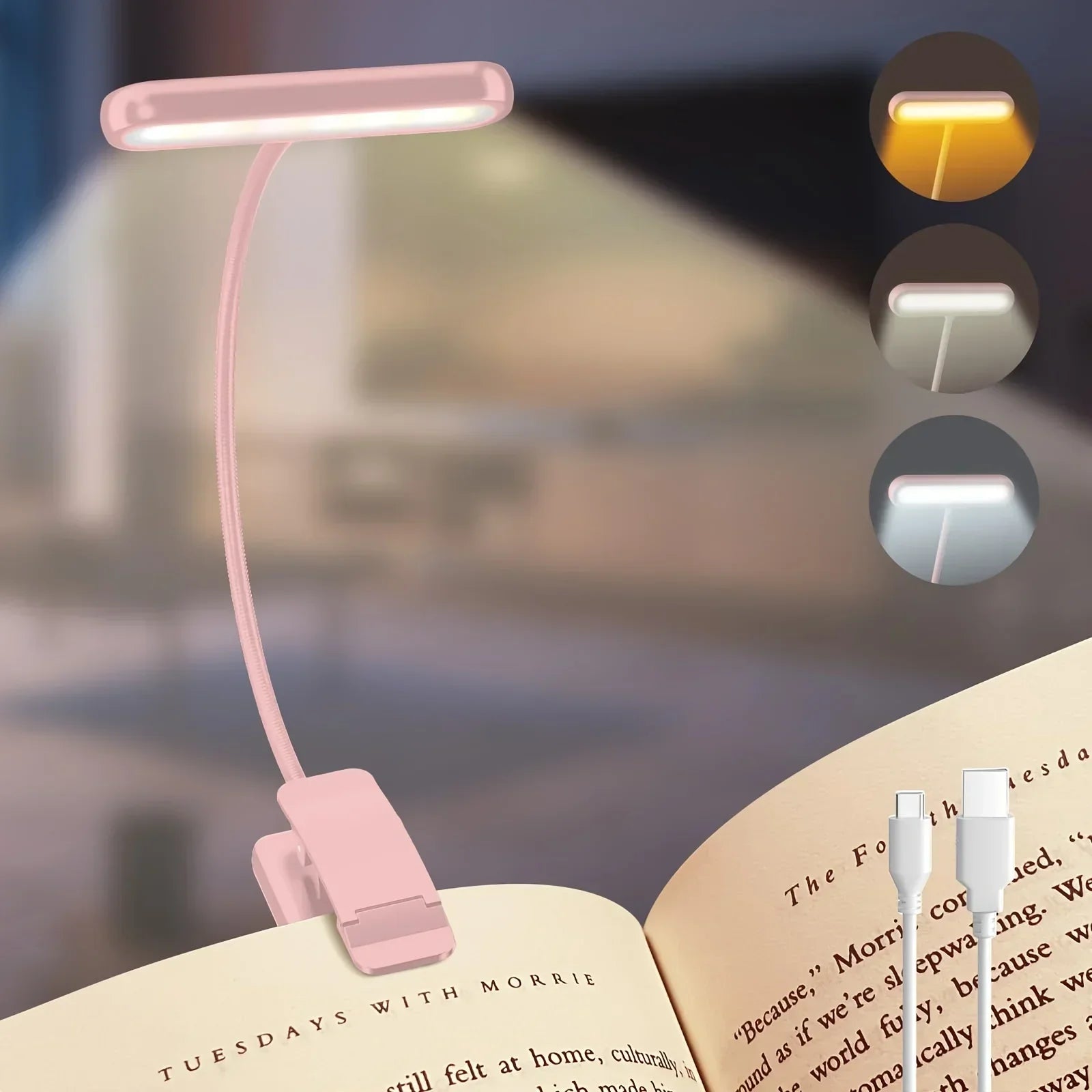 Lampe de lecture à pince et bras flexible – rechargeable USB, 3 couleurs de lumière