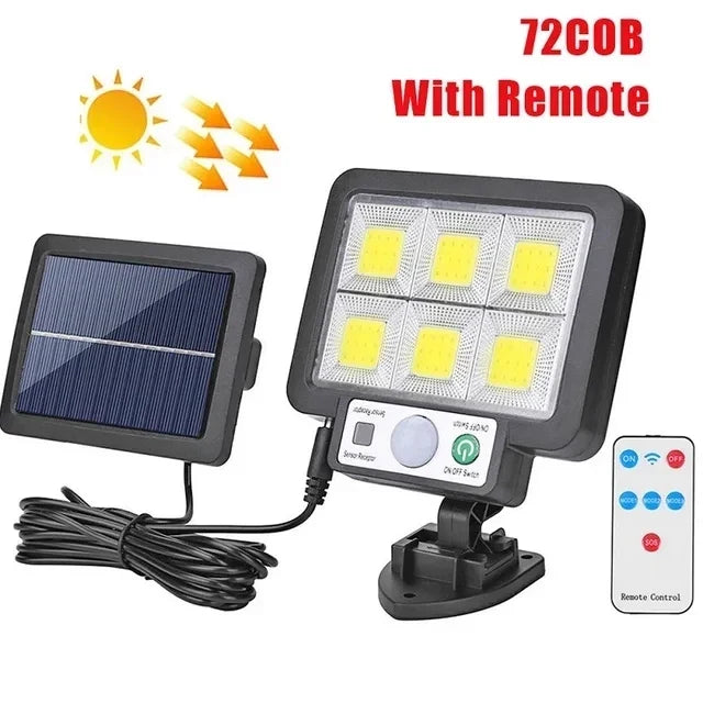 Lampe solaire extérieure avec détecteur de mouvement – 72 LED COB et télécommande