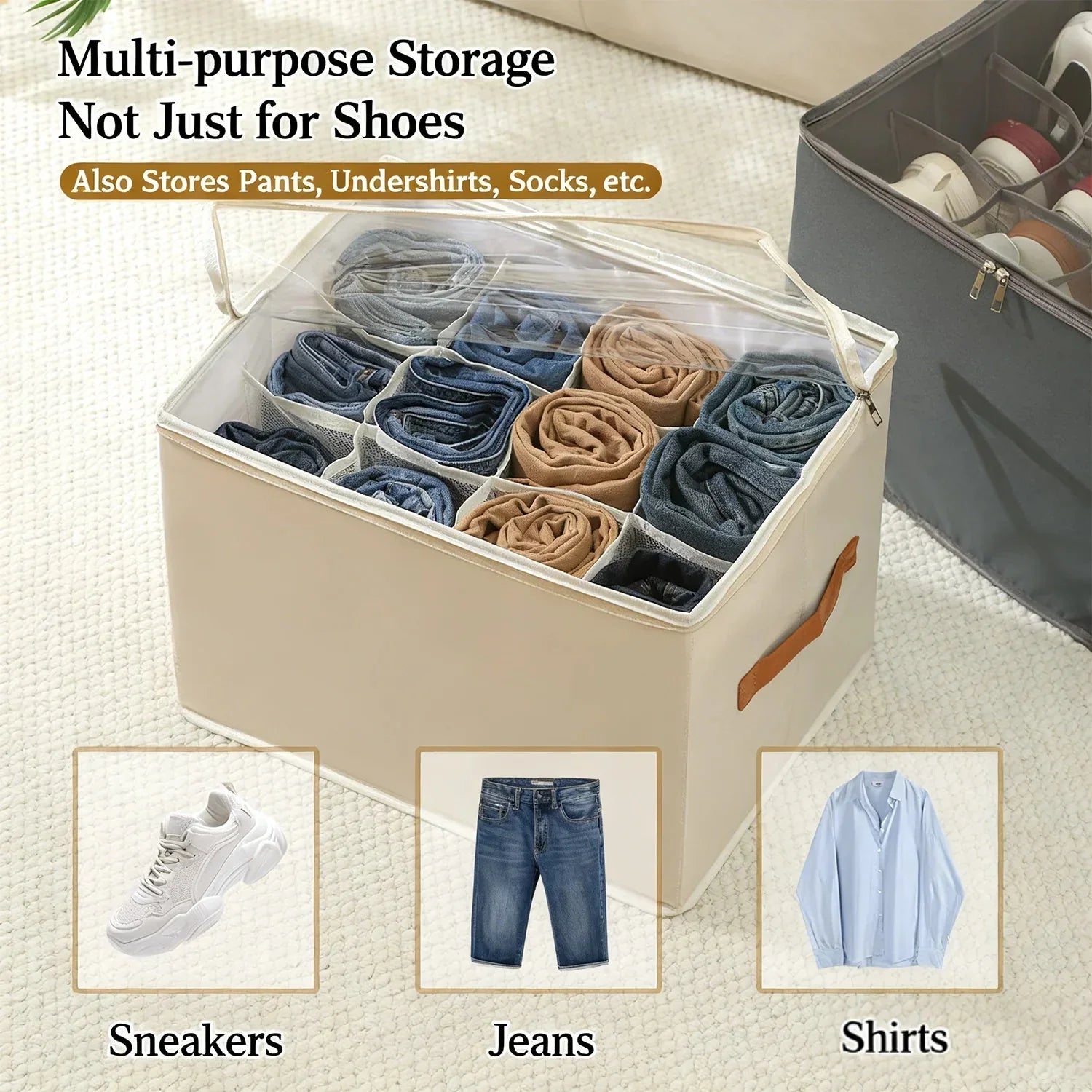 Boîte à chaussures avec fenêtre transparente et poignées en simili-cuir pour un rangement optimal