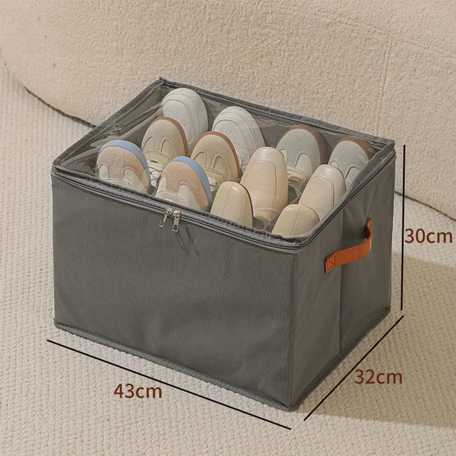 Boîte à chaussures avec fenêtre transparente et poignées en simili-cuir pour un rangement optimal
