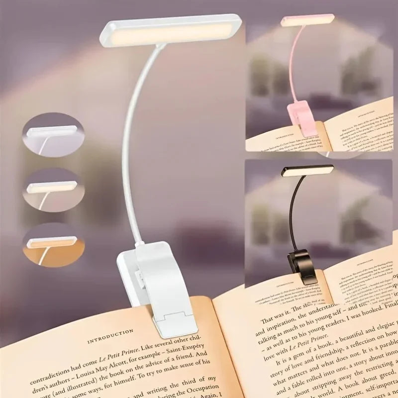 Lampe de lecture à pince et bras flexible – rechargeable USB, 3 couleurs de lumière