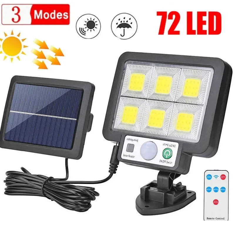 Lampe solaire extérieure avec détecteur de mouvement – 72 LED COB et télécommande