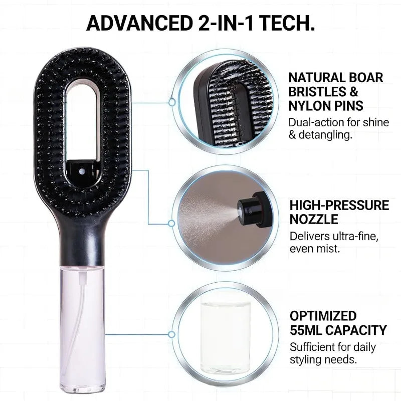 Brosse à cheveux 2-en-1 avec vaporisateur brume intégrée pour démêlage doux
