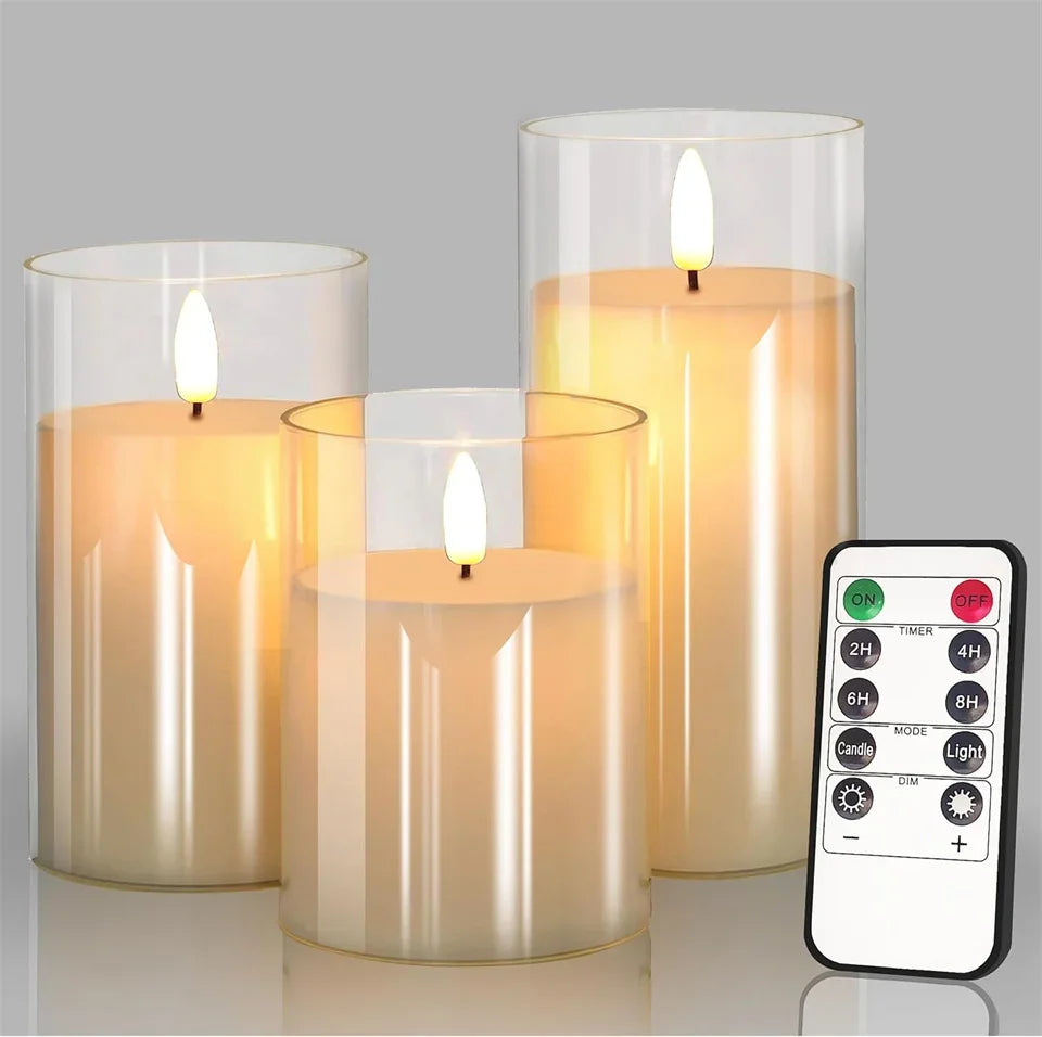 Ensemble de bougies LED avec cylindre en verre – Effet vacillant avec télécommande