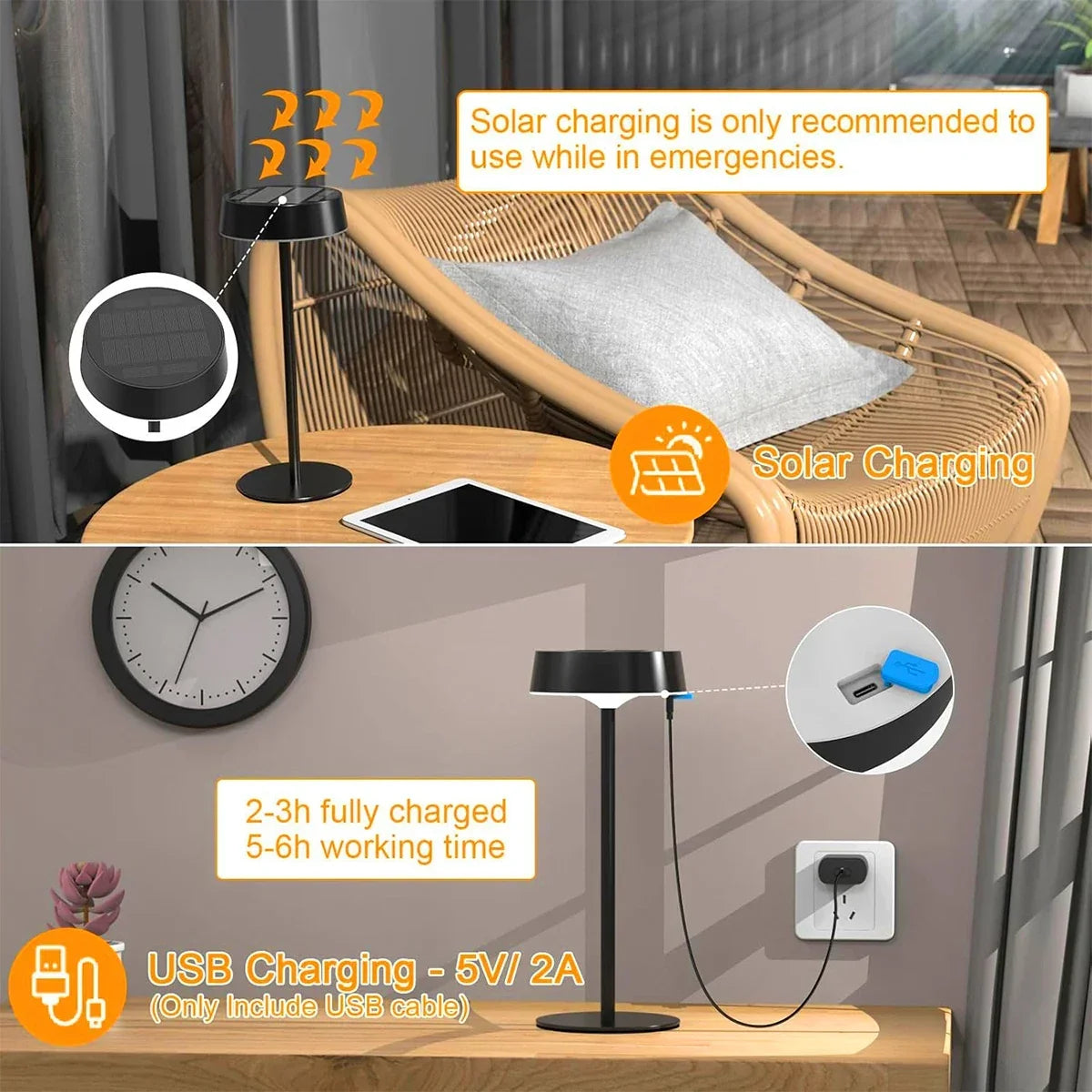 Lampe de table LED sans fil solaire – dimmable, 3 couleurs de lumière, IP65