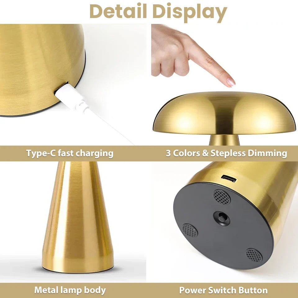 Lampe de table champignon rétro LED dimmable sans fil rechargeable