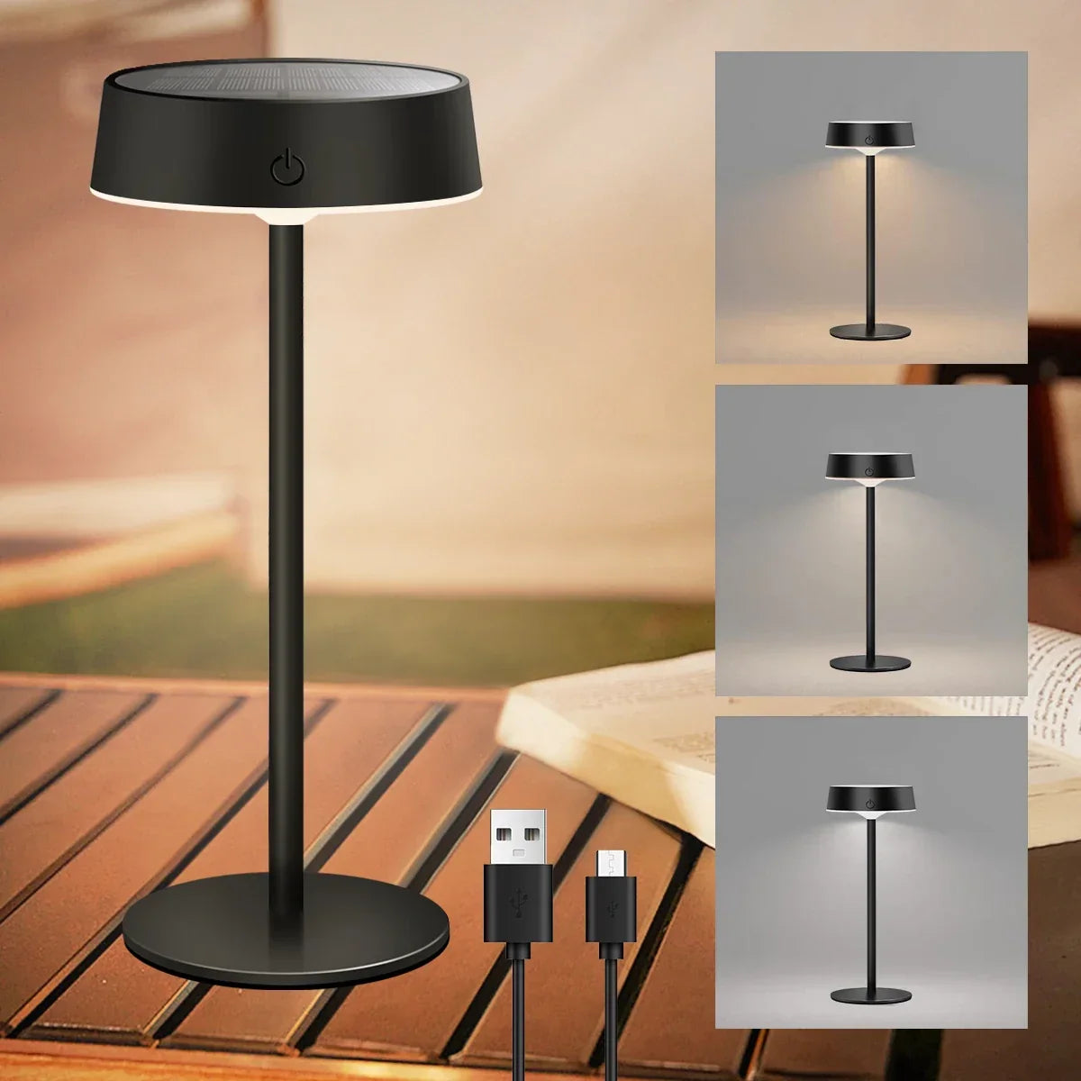 Lampe de table LED sans fil solaire – dimmable, 3 couleurs de lumière, IP65
