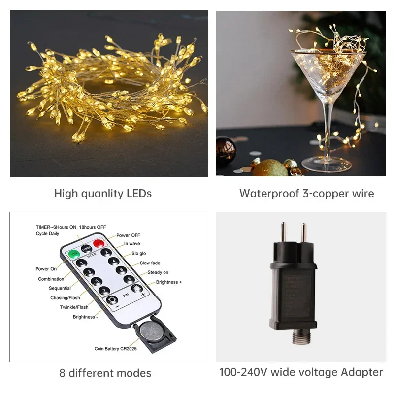 Guirlande lumineuse LED en grappe fil argenté blanc chaud blanc froid IP44 imperméable