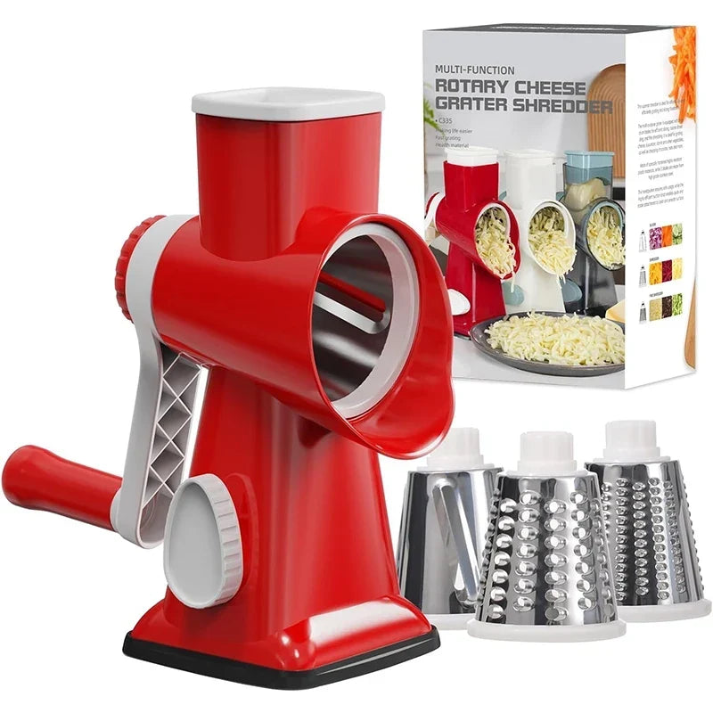 Râpe rotative manuelle avec 3 tambours interchangeables en acier inoxydable