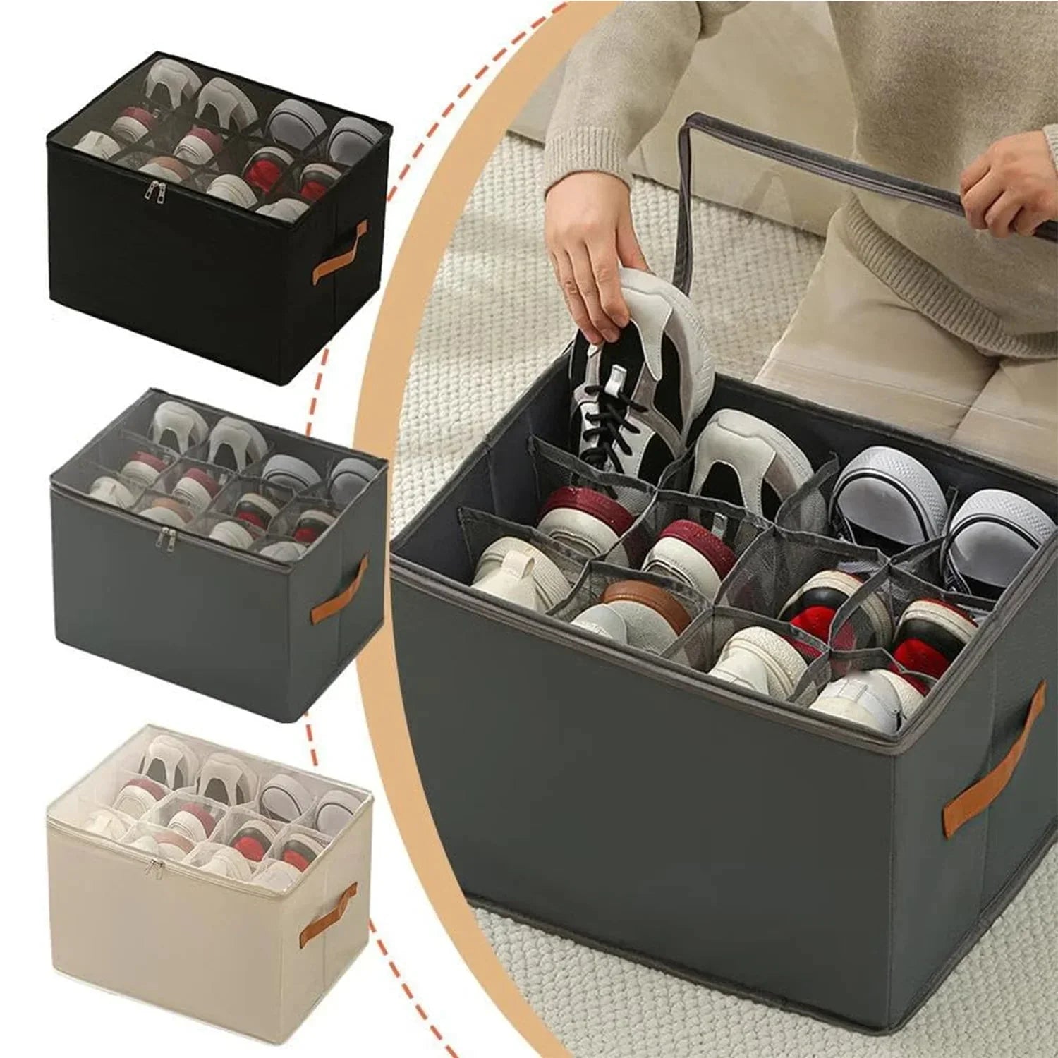 Boîte à chaussures avec fenêtre transparente et poignées en simili-cuir pour un rangement optimal