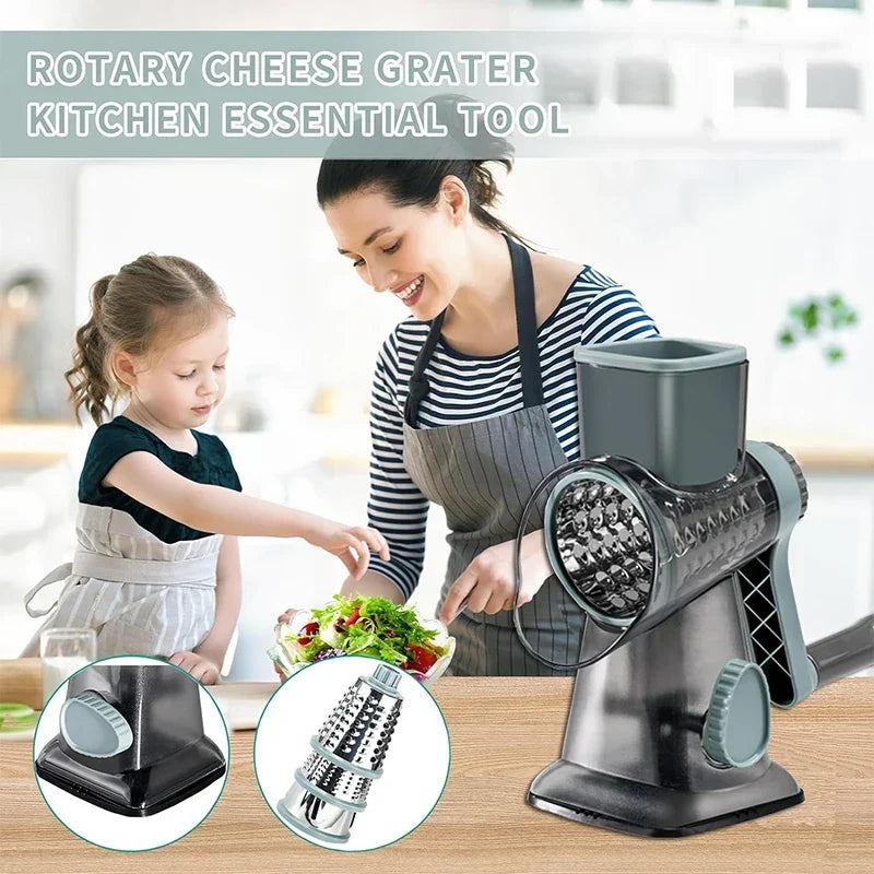 Râpe rotative manuelle avec 3 tambours interchangeables en acier inoxydable