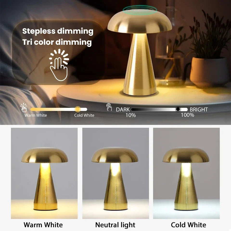 Lampe de table champignon rétro LED dimmable sans fil rechargeable