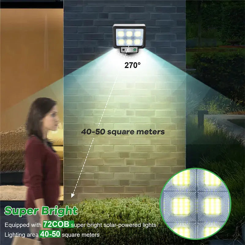 Lampe solaire extérieure avec détecteur de mouvement – 72 LED COB et télécommande