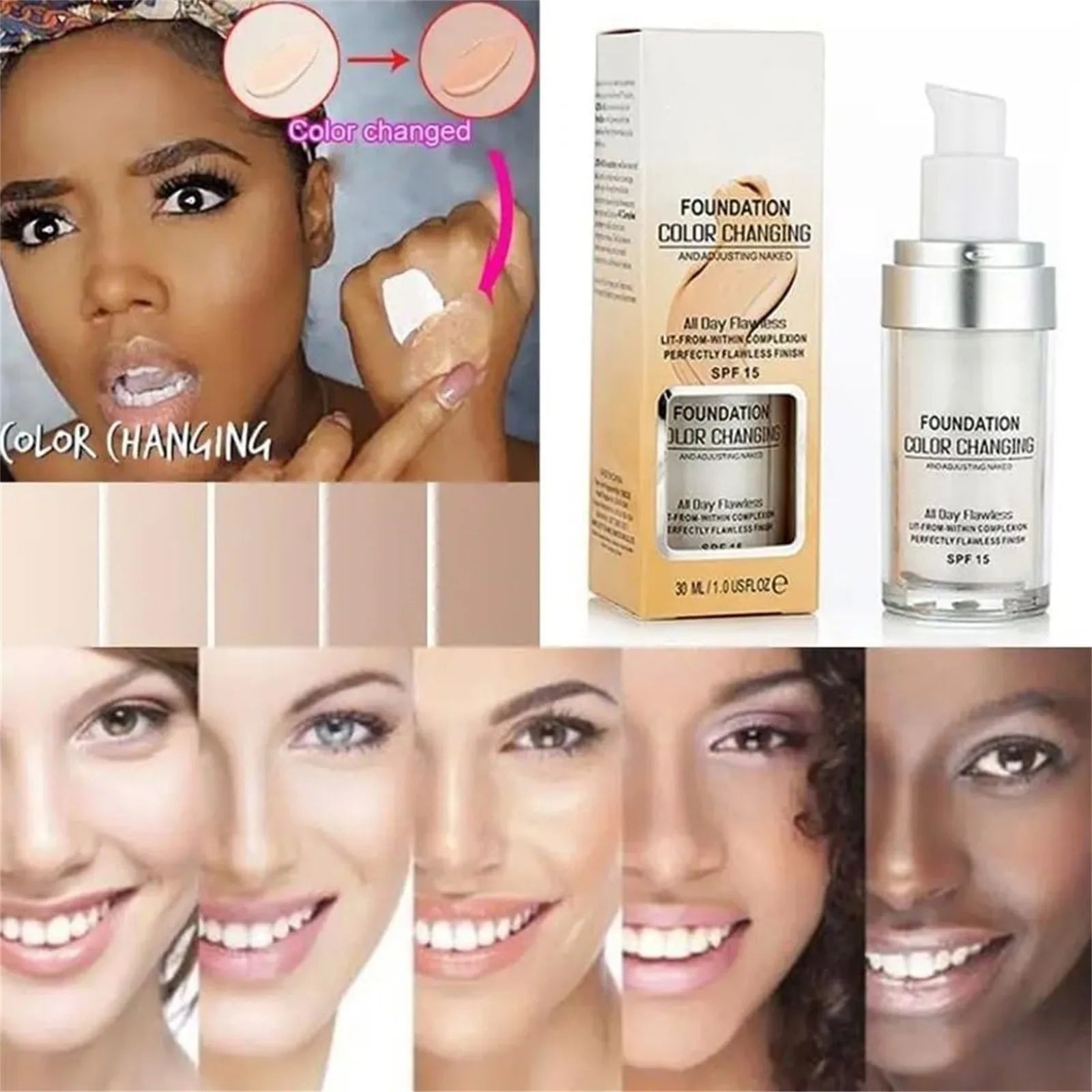 Fond de Teint Changeant de Couleur SPF15 – Adaptation Automatique au Teint