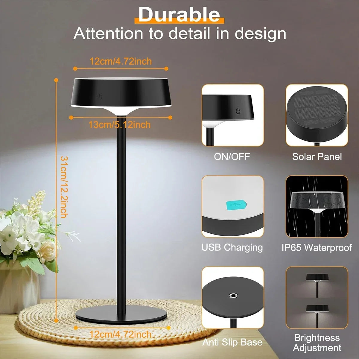 Lampe de table LED sans fil solaire – dimmable, 3 couleurs de lumière, IP65