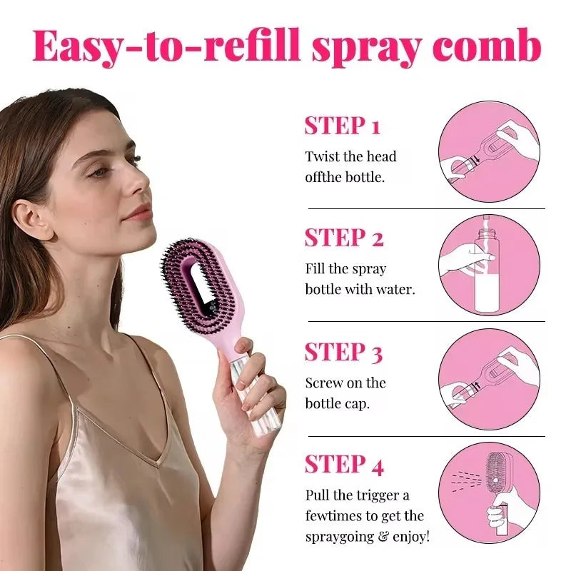 Brosse à cheveux 2-en-1 avec vaporisateur brume intégrée pour démêlage doux
