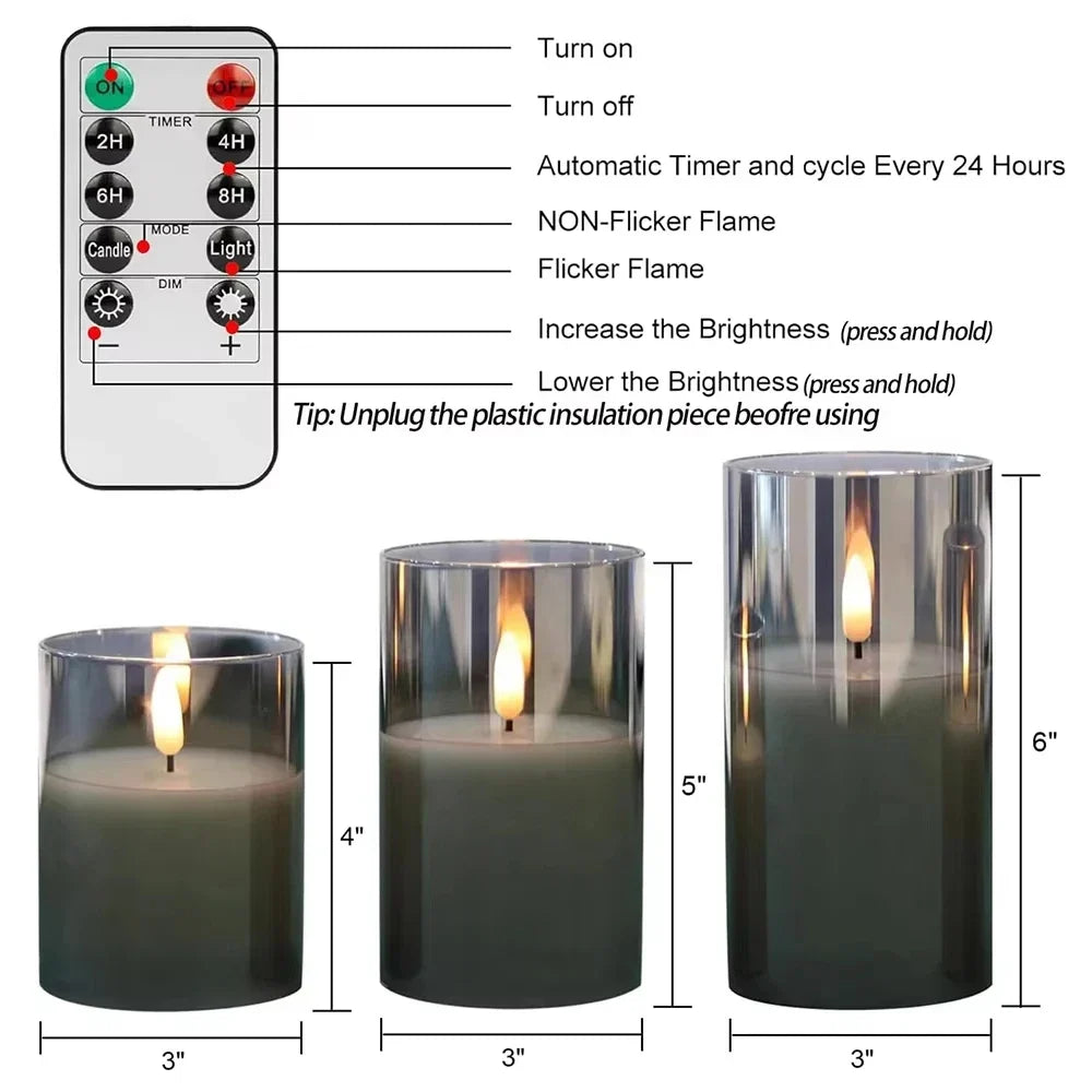 Ensemble de bougies LED avec cylindre en verre – Effet vacillant avec télécommande