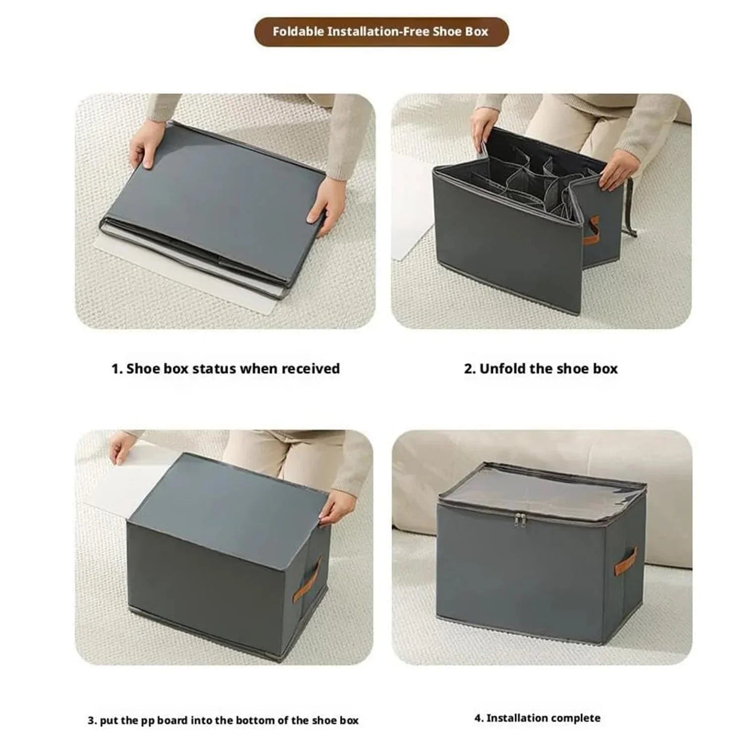 Boîte à chaussures avec fenêtre transparente et poignées en simili-cuir pour un rangement optimal
