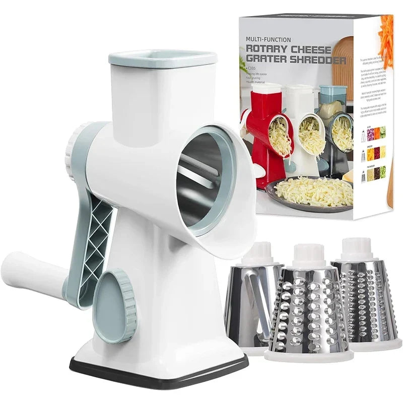 Râpe rotative manuelle avec 3 tambours interchangeables en acier inoxydable