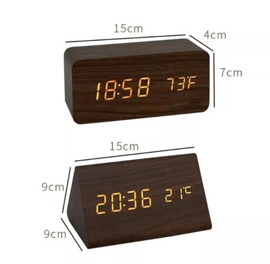 Horloge numérique en bois avec activation vocale et fonction réveil