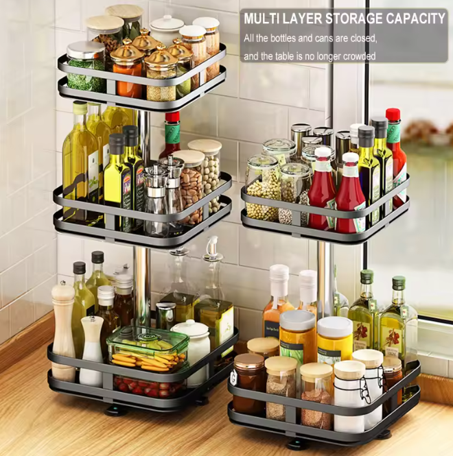 Étagère à épices rotative en métal – 3 niveaux pour la cuisine