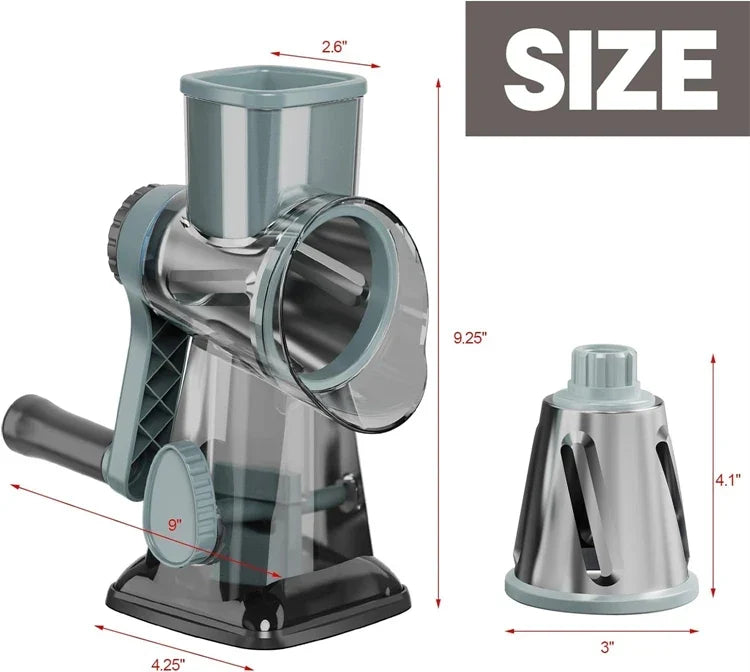 Râpe rotative manuelle avec 3 tambours interchangeables en acier inoxydable