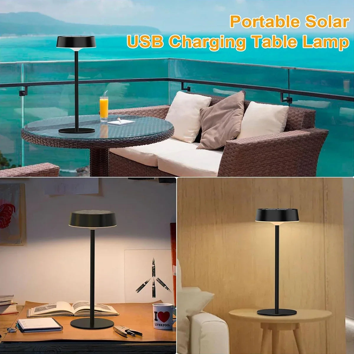 Lampe de table LED sans fil solaire – dimmable, 3 couleurs de lumière, IP65