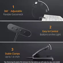 Lampe de lecture à pince et bras flexible – rechargeable USB, 3 couleurs de lumière