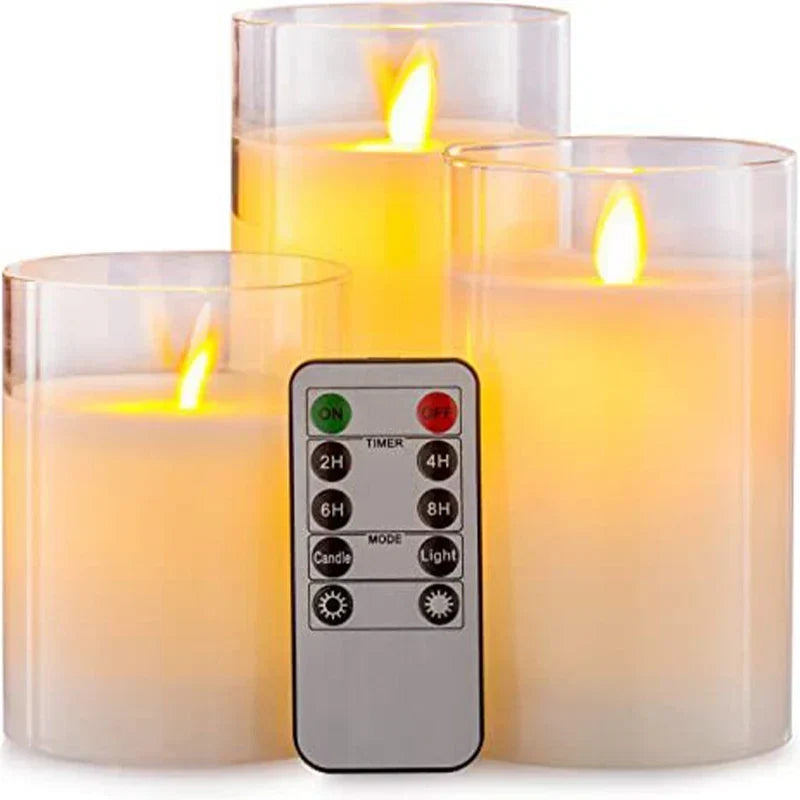 Ensemble de bougies LED avec cylindre en verre – Effet vacillant avec télécommande