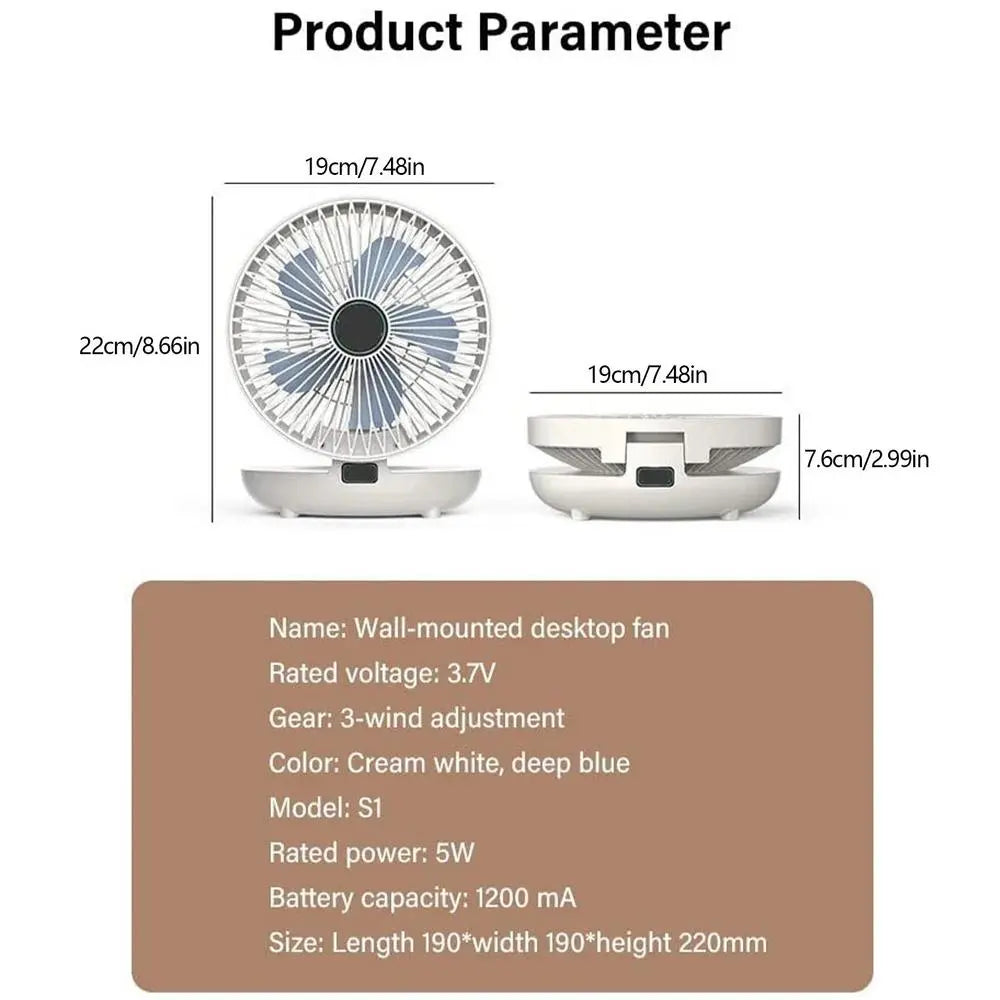 Ventilateur Pliable 2-en-1 Rechargeable – Table et Mural, 3 Vitesses
