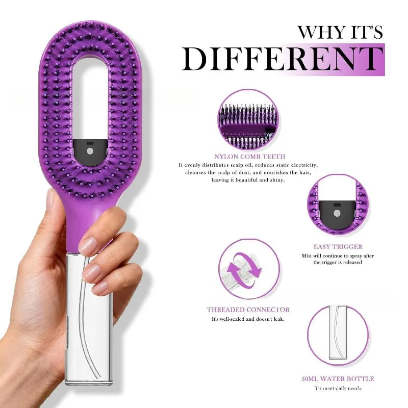 Brosse à cheveux 2-en-1 avec vaporisateur brume intégrée pour démêlage doux
