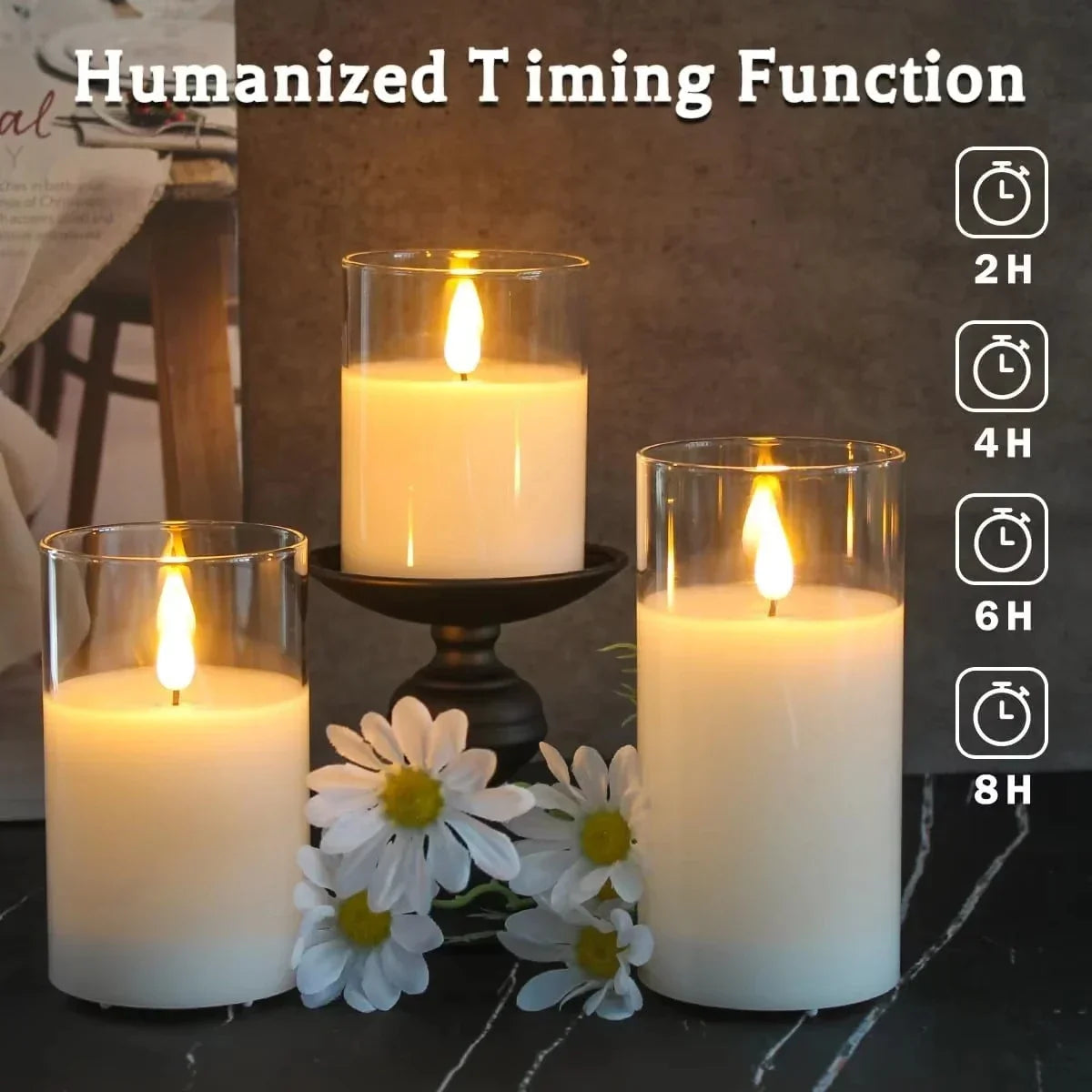 Ensemble de bougies LED avec cylindre en verre – Effet vacillant avec télécommande