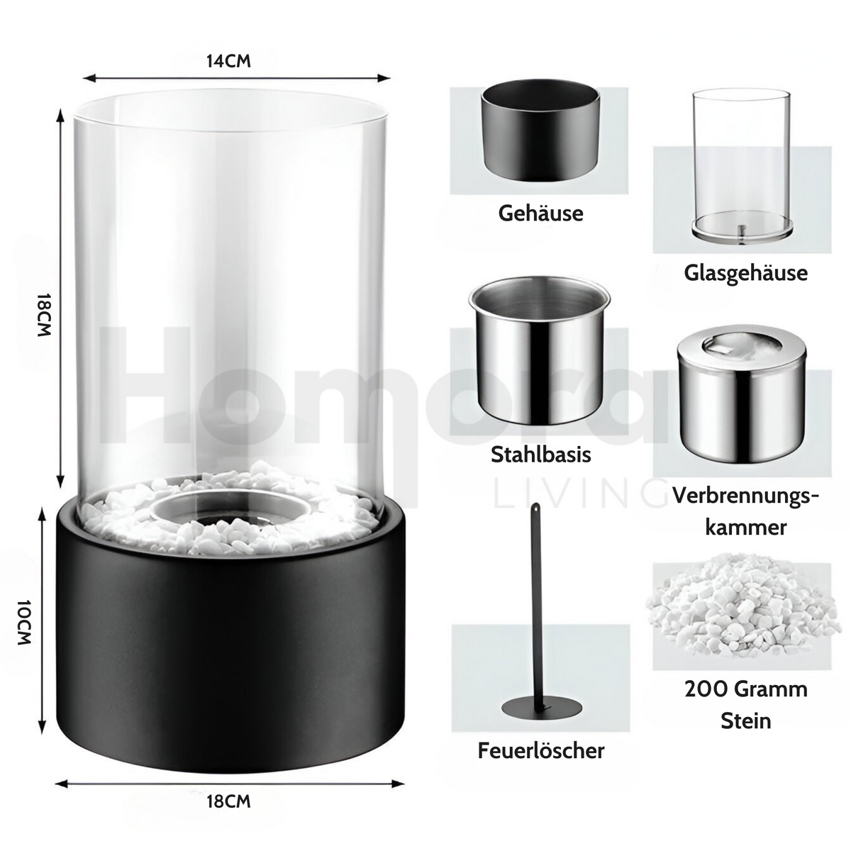 Cheminée de table avec cylindre en verre – Feu de table bioéthanol pour intérieur et extérieur