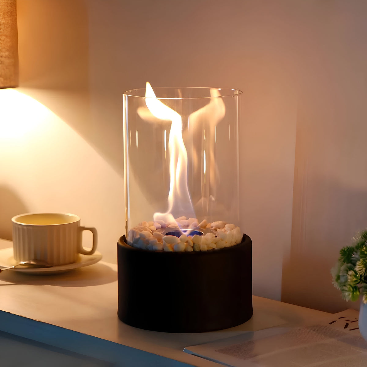 Cheminée de table avec cylindre en verre – Feu de table bioéthanol pour intérieur et extérieur