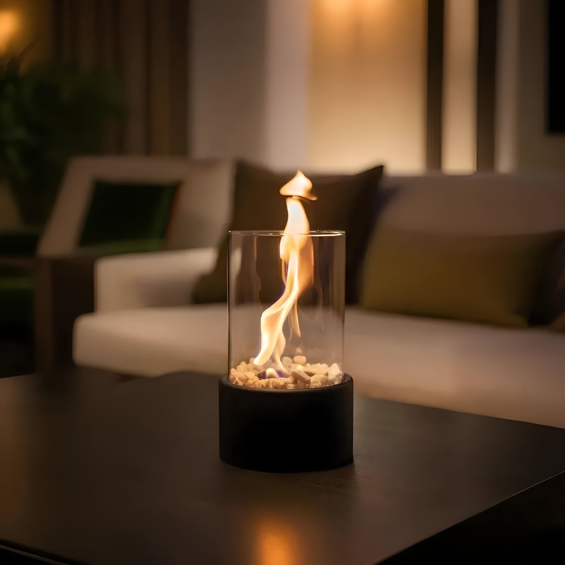 Cheminée de table avec cylindre en verre – Feu de table bioéthanol pour intérieur et extérieur