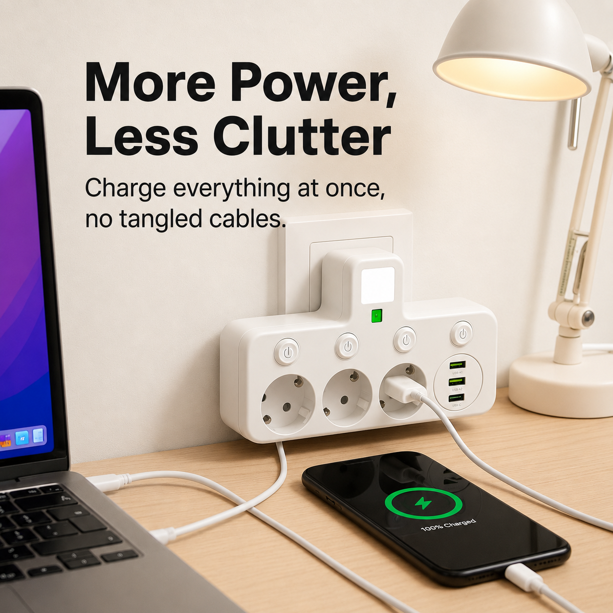 Bloc multiprise 3 prises avec USB, Type-C et protection contre les surtensions
