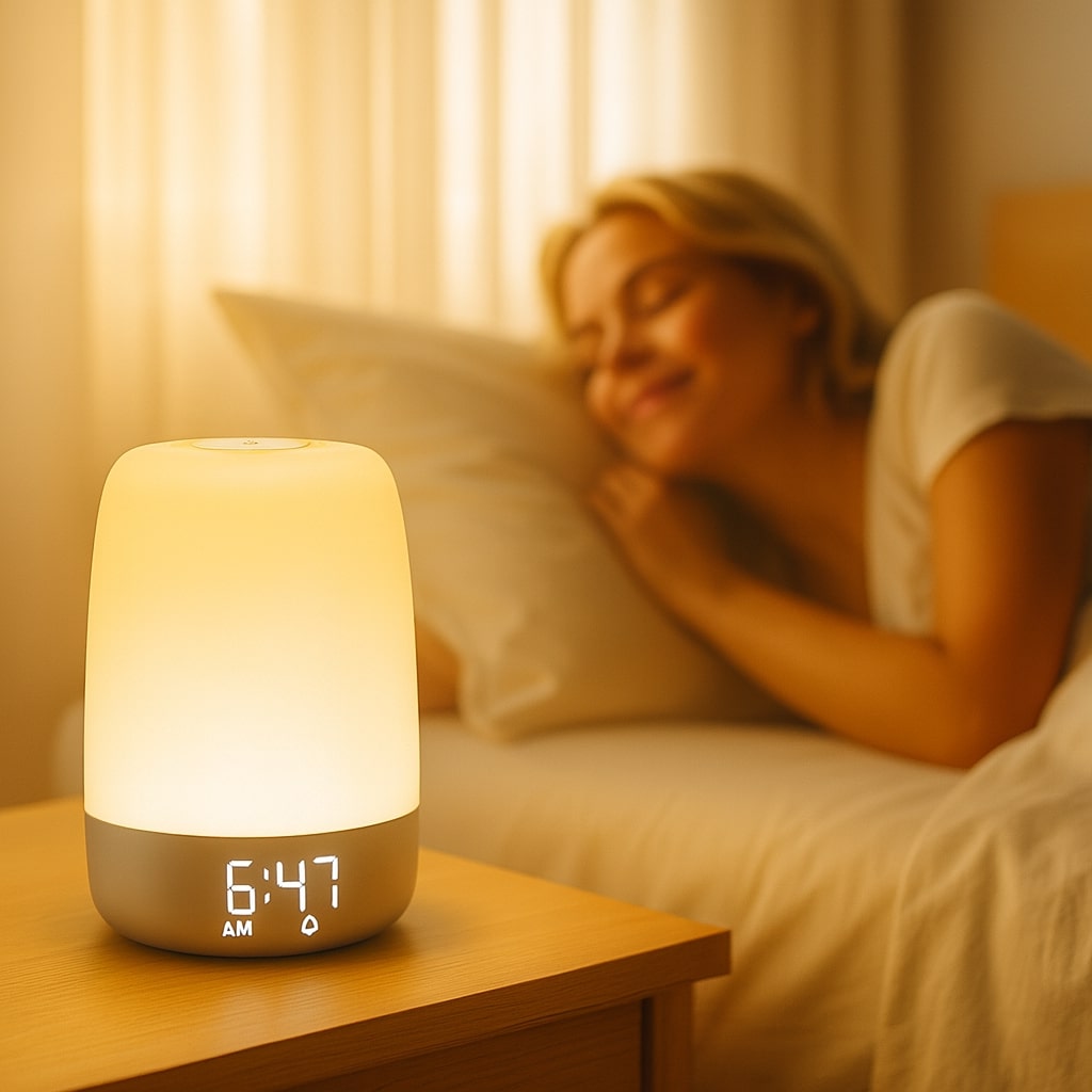 Réveil lumineux avec simulation de lever de soleil et veilleuse