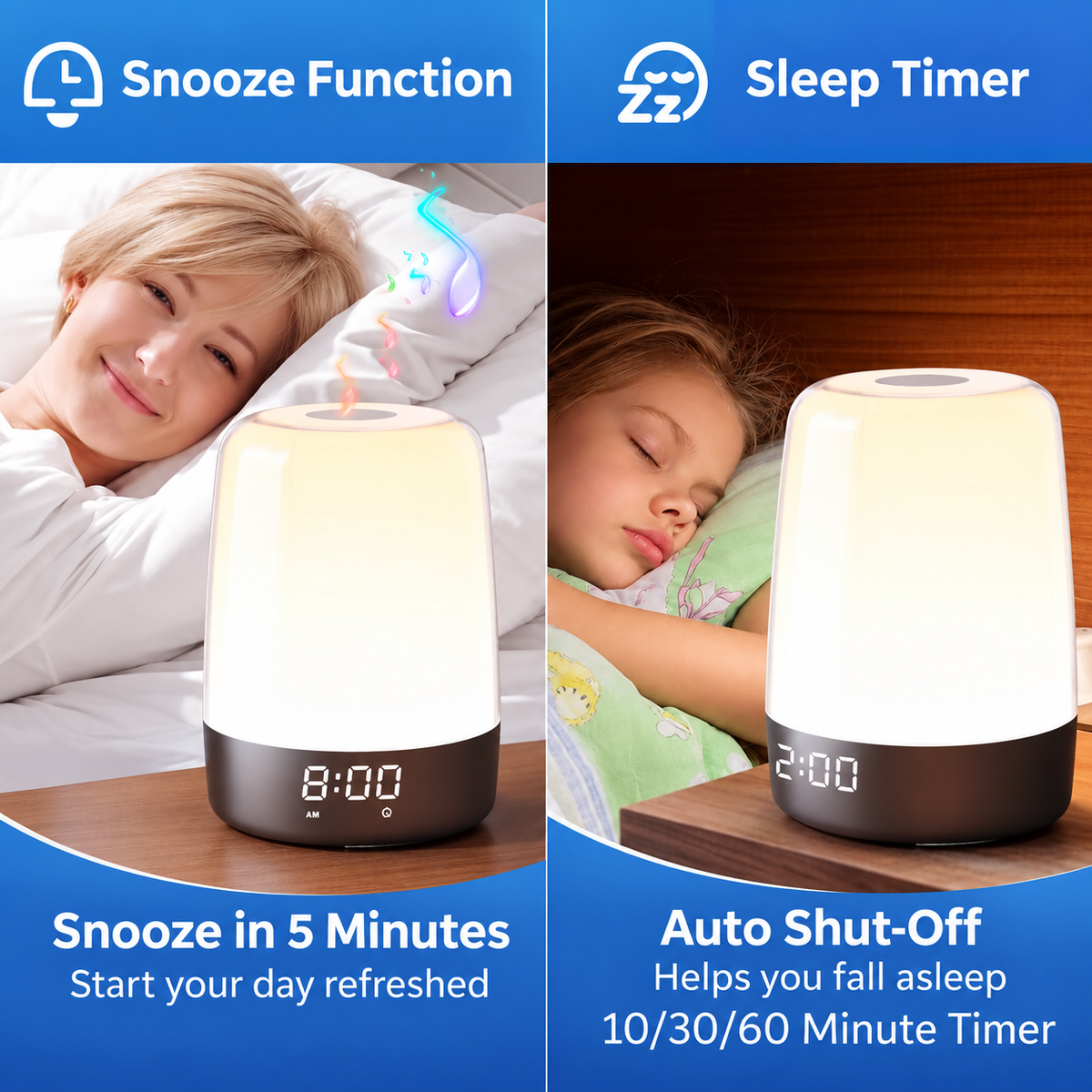 Réveil lumineux avec simulation de lever de soleil et veilleuse