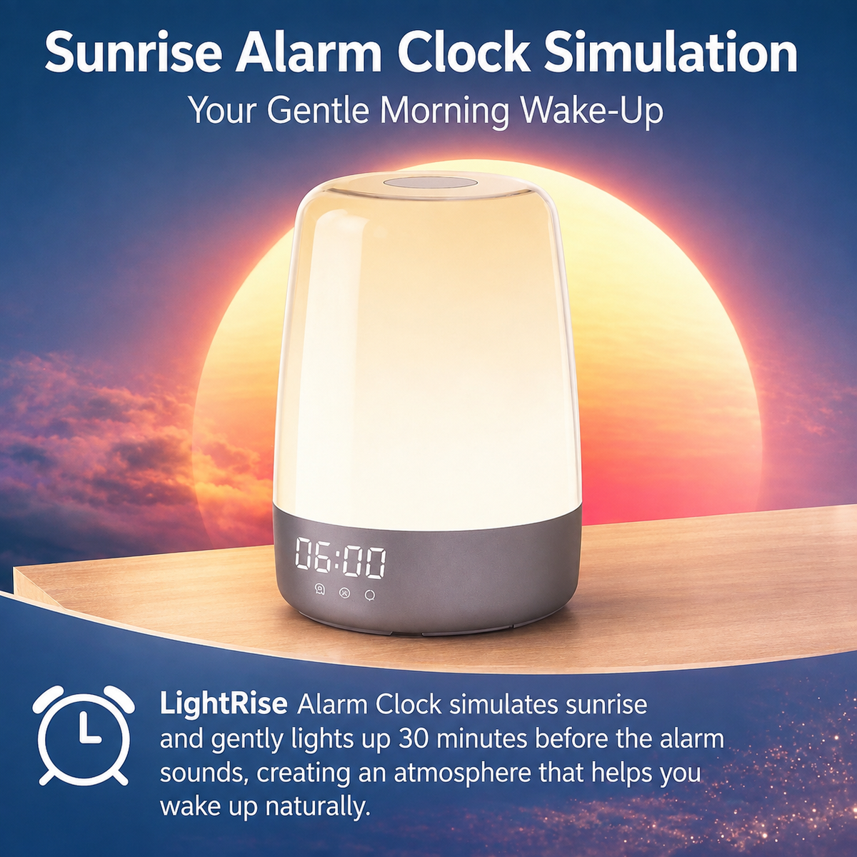 Réveil lumineux avec simulation de lever de soleil et veilleuse