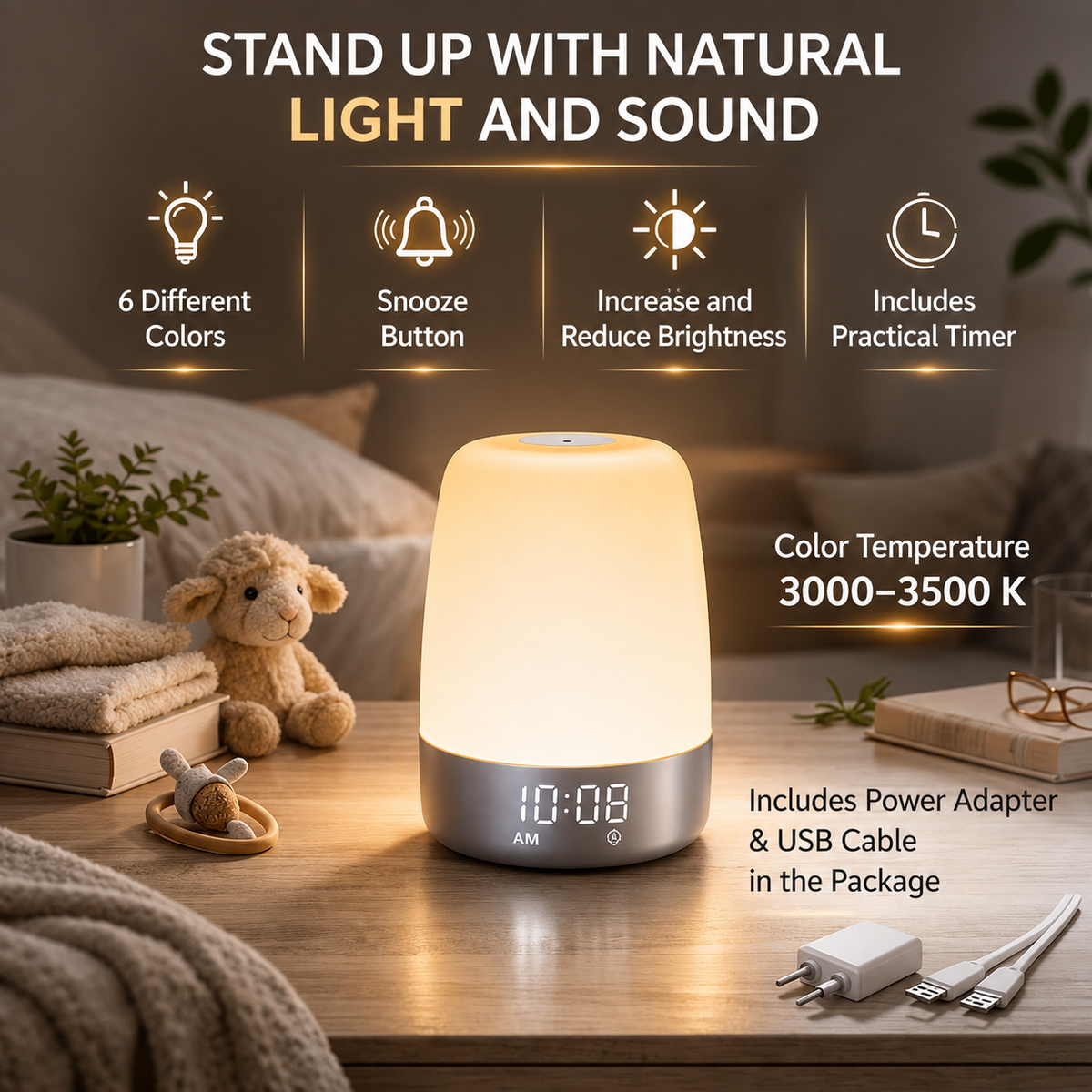 Réveil lumineux avec simulation de lever de soleil et veilleuse