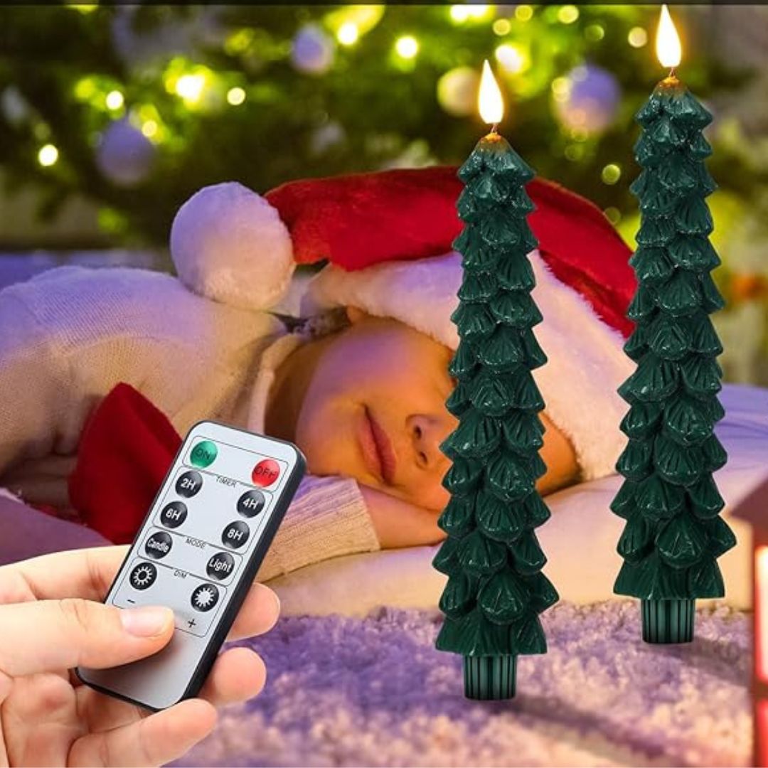 Bougie en forme de sapin avec effet flamme et télécommande
